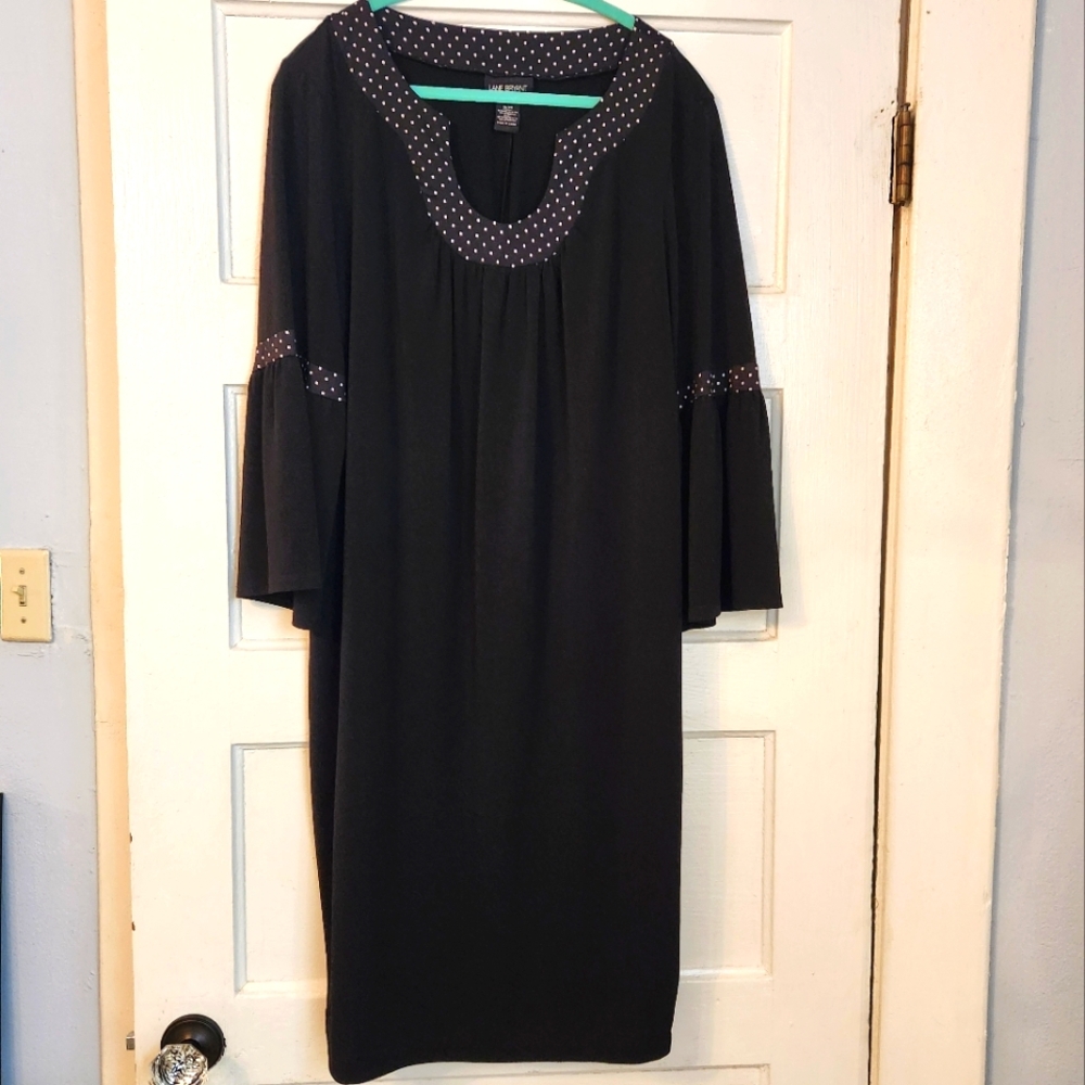 Lane Bryant Little Black Dress, Bell Sleeve, Dot Trim Midi EUC Size 18 / 20 LBD